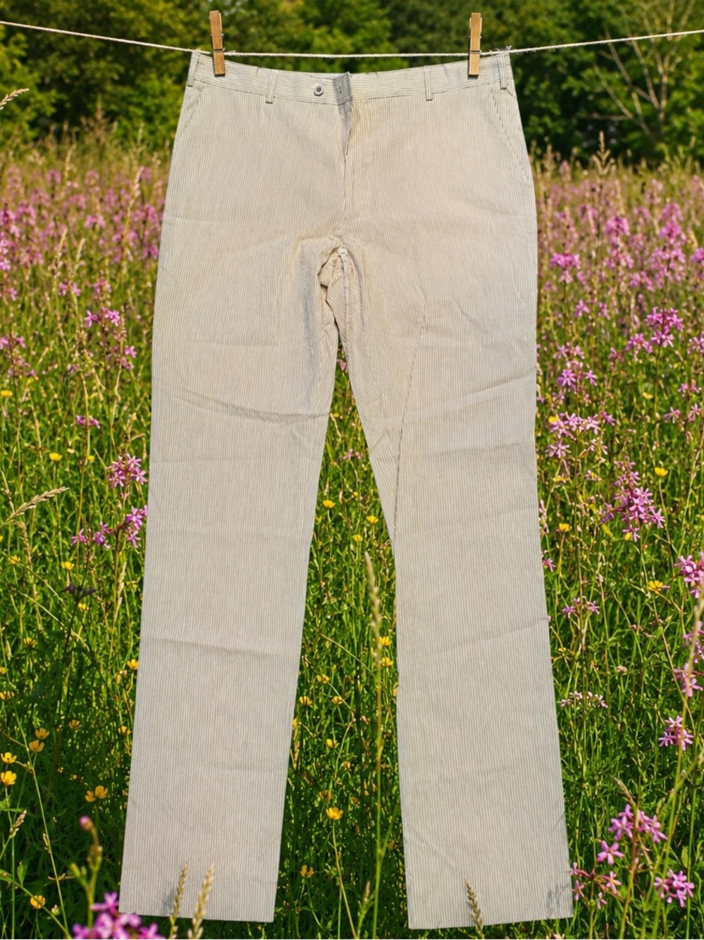 NEW & UNWORN - caramel stripe seersucker dress pants - unused film shoot spares